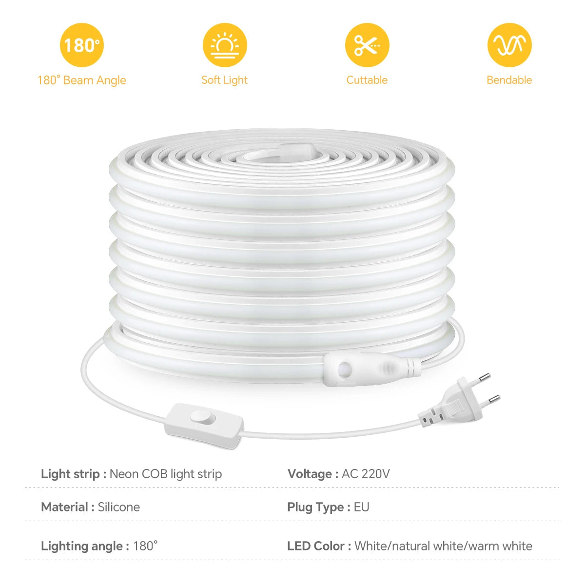 COB LED Strip Light with EU Plug, Cuttable, 1 to 20 m