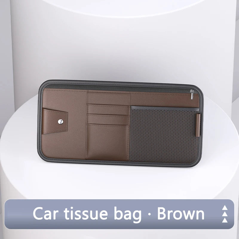 SEAMETAL 9 in 1 Sun Visor Organizer for Car PU Leather Zipper Storage Bag Net Pouch Auto Storage Pocket with Glasses/Card Holder