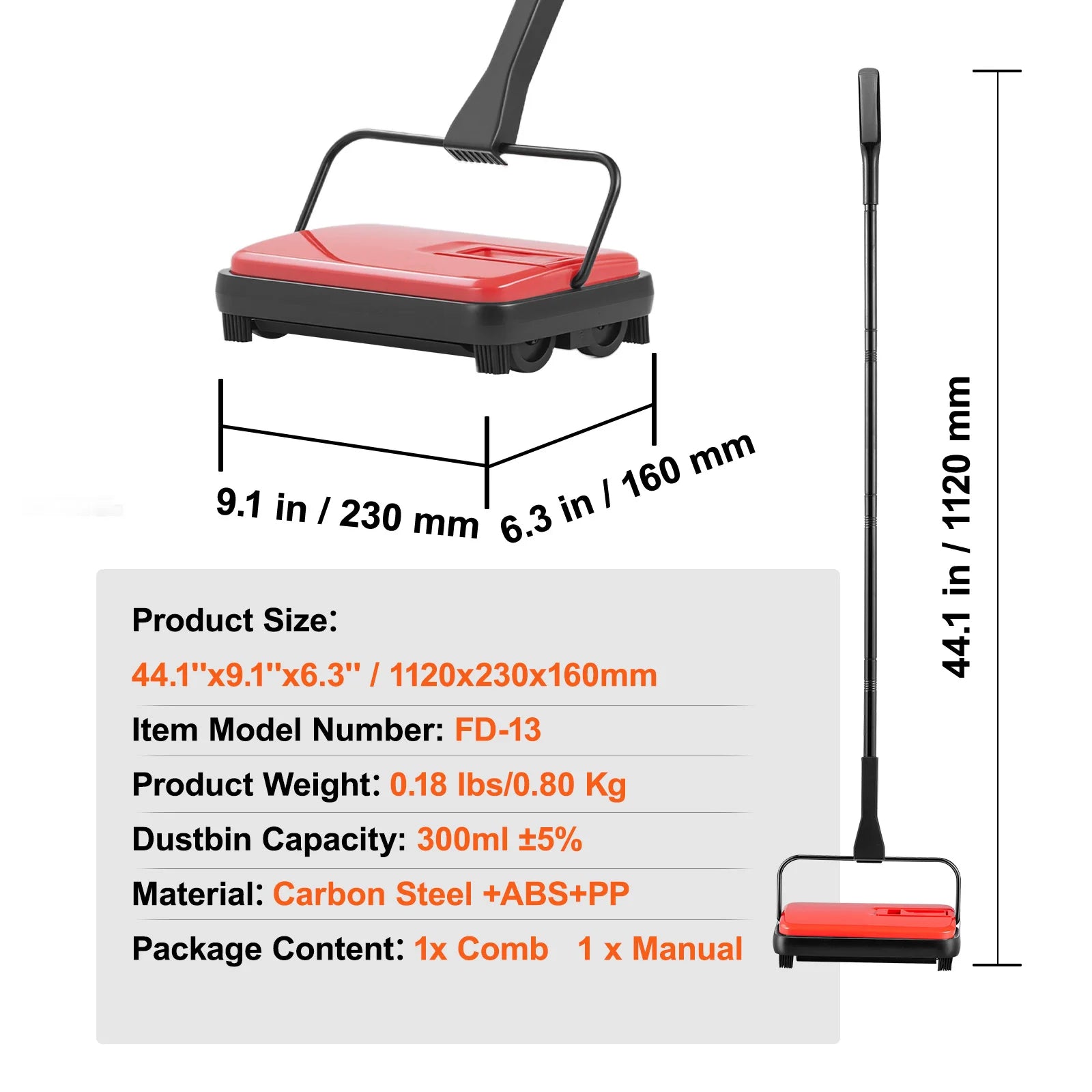 SucceBuy Carpet Sweeper Manual Floor Sweeper w/ 300ml Dustbin Capacity 6.7 Cleaning Width for Home Office Carpets Pet Hair Dust