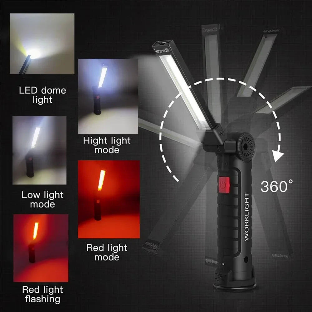 Portable COB LED Flashlight USB Rechargeable Work Light