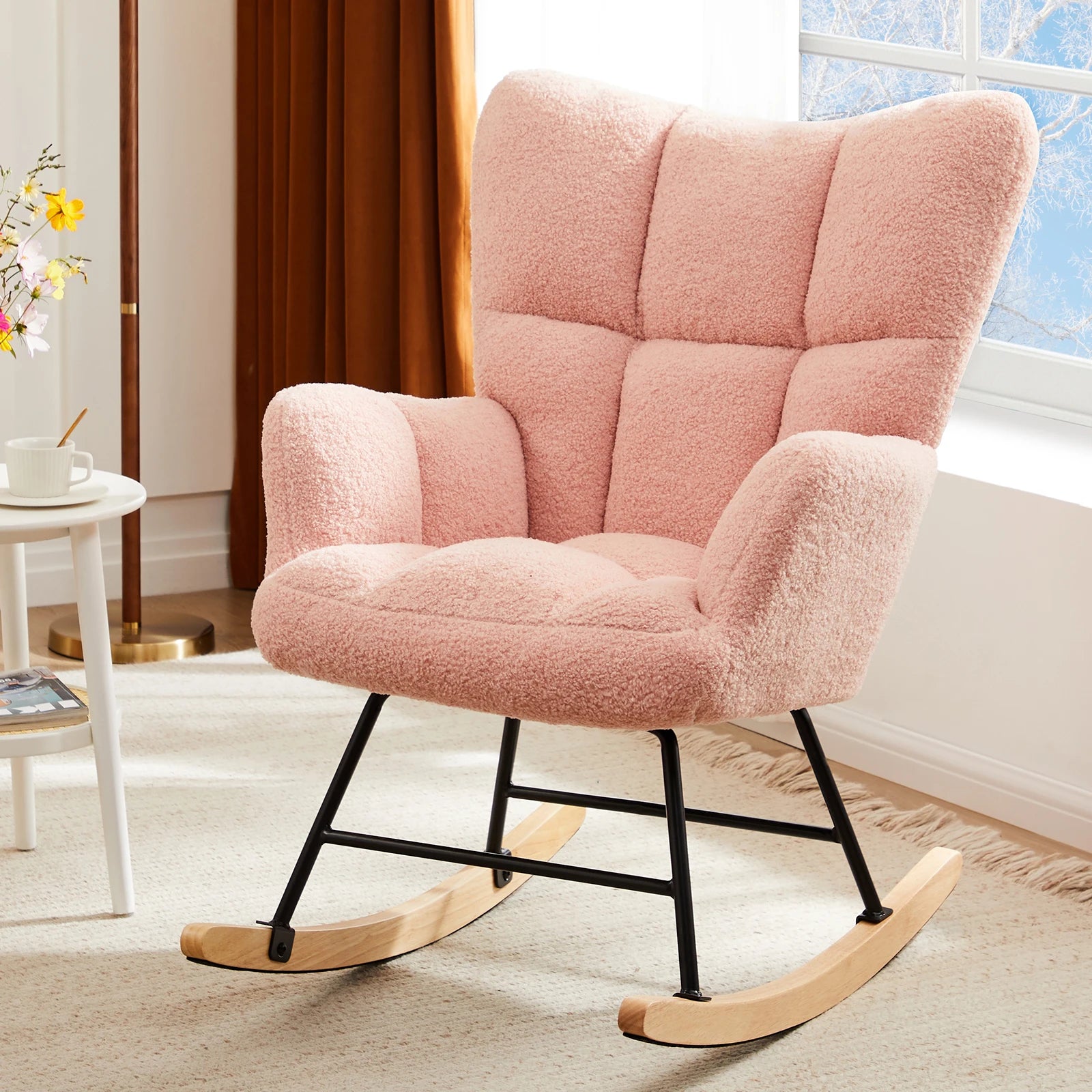 Teddy Fabric Glider Rocking Chair with High Back & Padded Seat