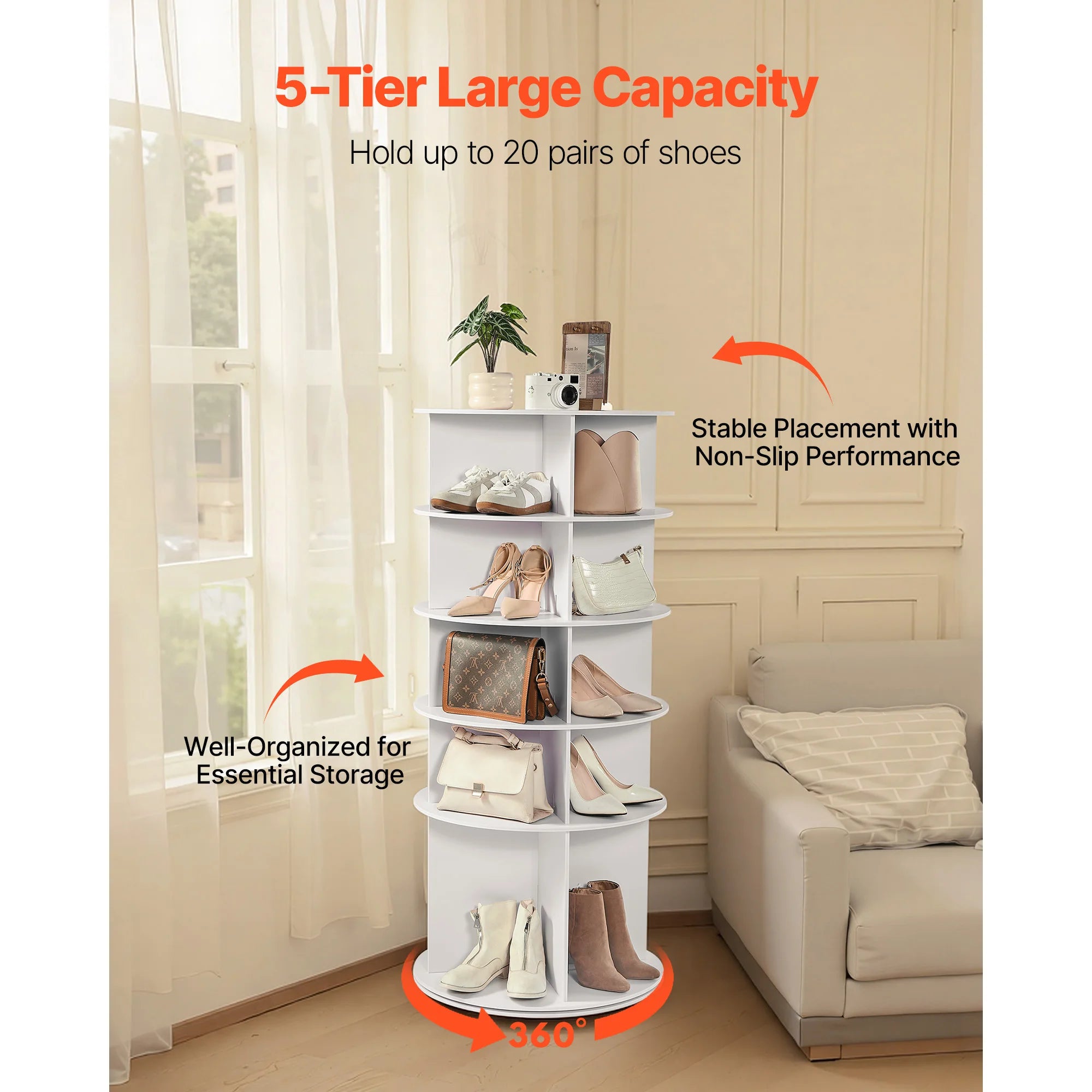 SusceBuy Rack de Sapatos em Torre Giratória de 360°, Rotatório, Armazém Circular, Expositor de Mostruário Independente para Quarto, Hall de Entrada, Armário