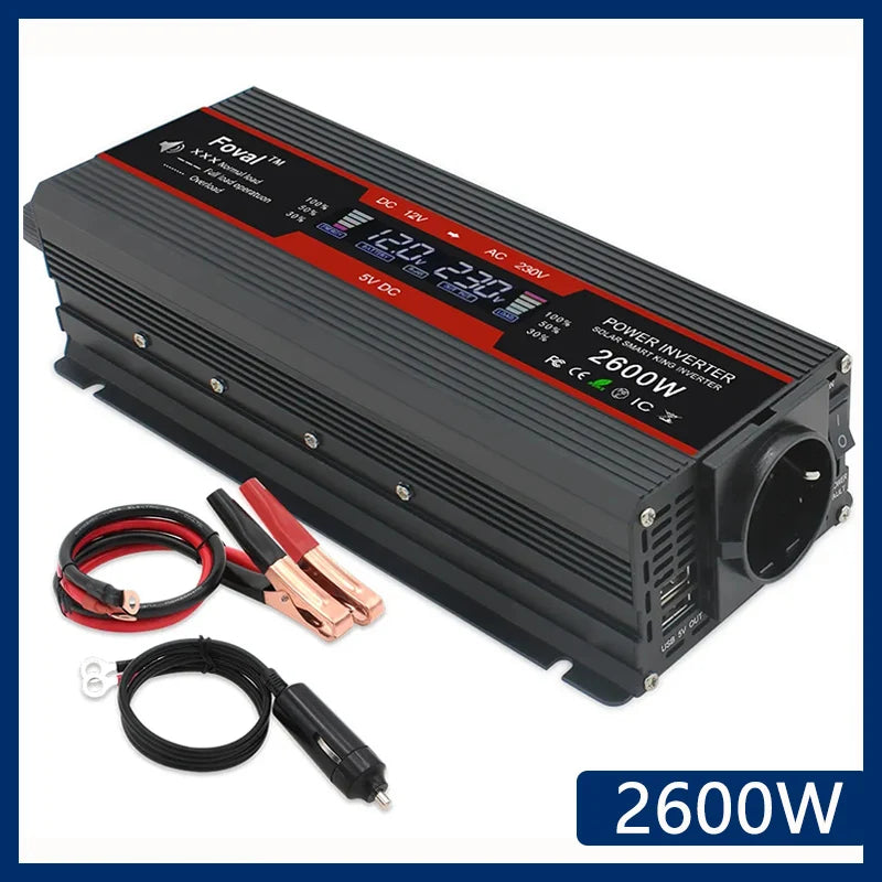Měnič napětí 1500W–2600W s LCD a dvojitým USB