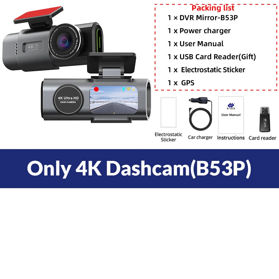Dash Cam Dual Lens 4K UHD Recording Car Camera DVR Night Vision Video Recorder Support GPS Wi-Fi Room Black Box Rear View Camera 
