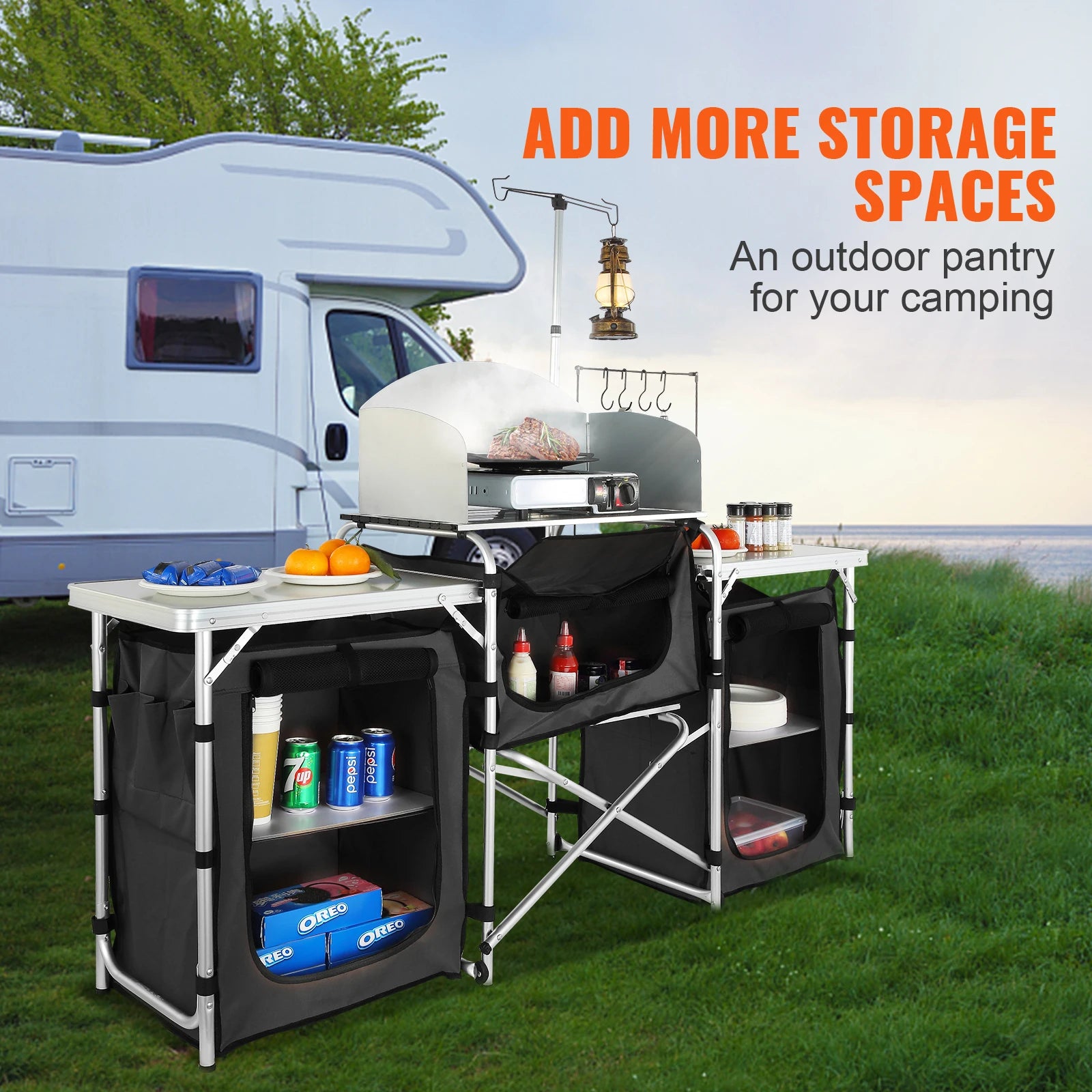 SucceBuy Camping Køkkentafel Skab Folding Cooking Storage Rack X-formet Aluminiumlegering Bracket til BBQ Picnic Havebord