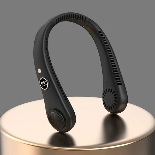 Ventoinha elétrica recarregável com ecrã digital para pendurar ao pescoço, design sem pás, ventoinha de pescoço sem pás, recarregável por USB