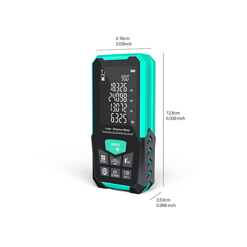 Laser Rangefinder, Green Laser Source, Multiple Measurement Modes, M/FT/IN Unit Switching, Battery Free, 5 Range Options