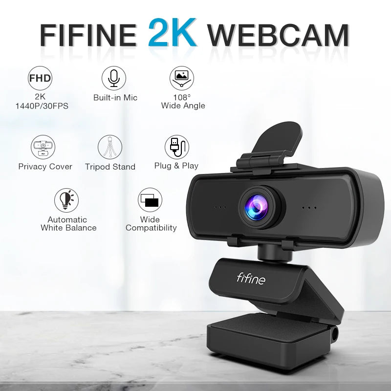 FIFINE 1440p Full HD PC webkamera s mikrofónom, statívom, pre USB stolný počítač a notebook, webkamera na živé vysielanie pre videohovory-K420