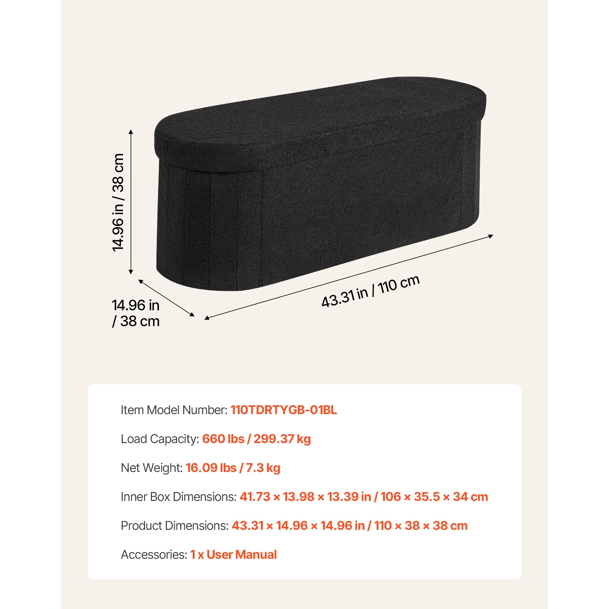 Foldable Storage Ottoman Bench with Hidden Compartments, 660lb Support