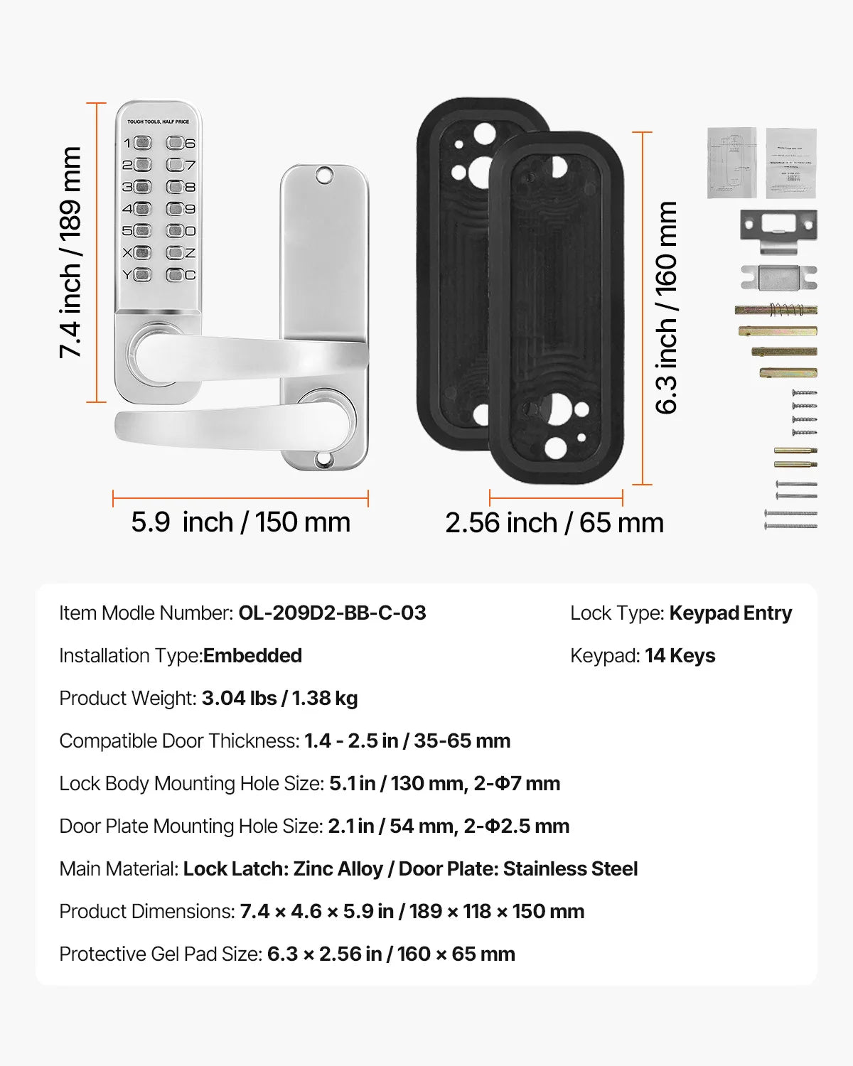 Mechanical Keyless Entry Door Lock with Auto Lock & Keypad