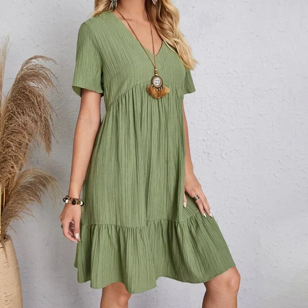 Women Summer Peplum Dresses Spring V-Neck Short Sleeve Loose Waist Ruffle Fit Flare Vocation Dresses 