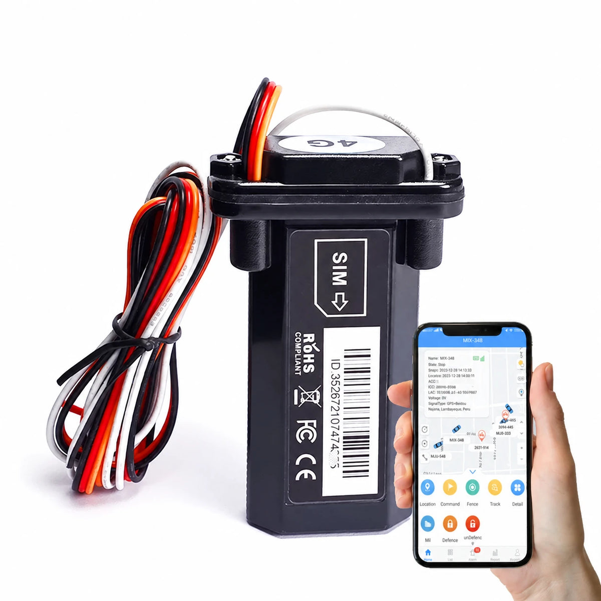 Wired GPS tracker with cable harness and phone tracking illustration