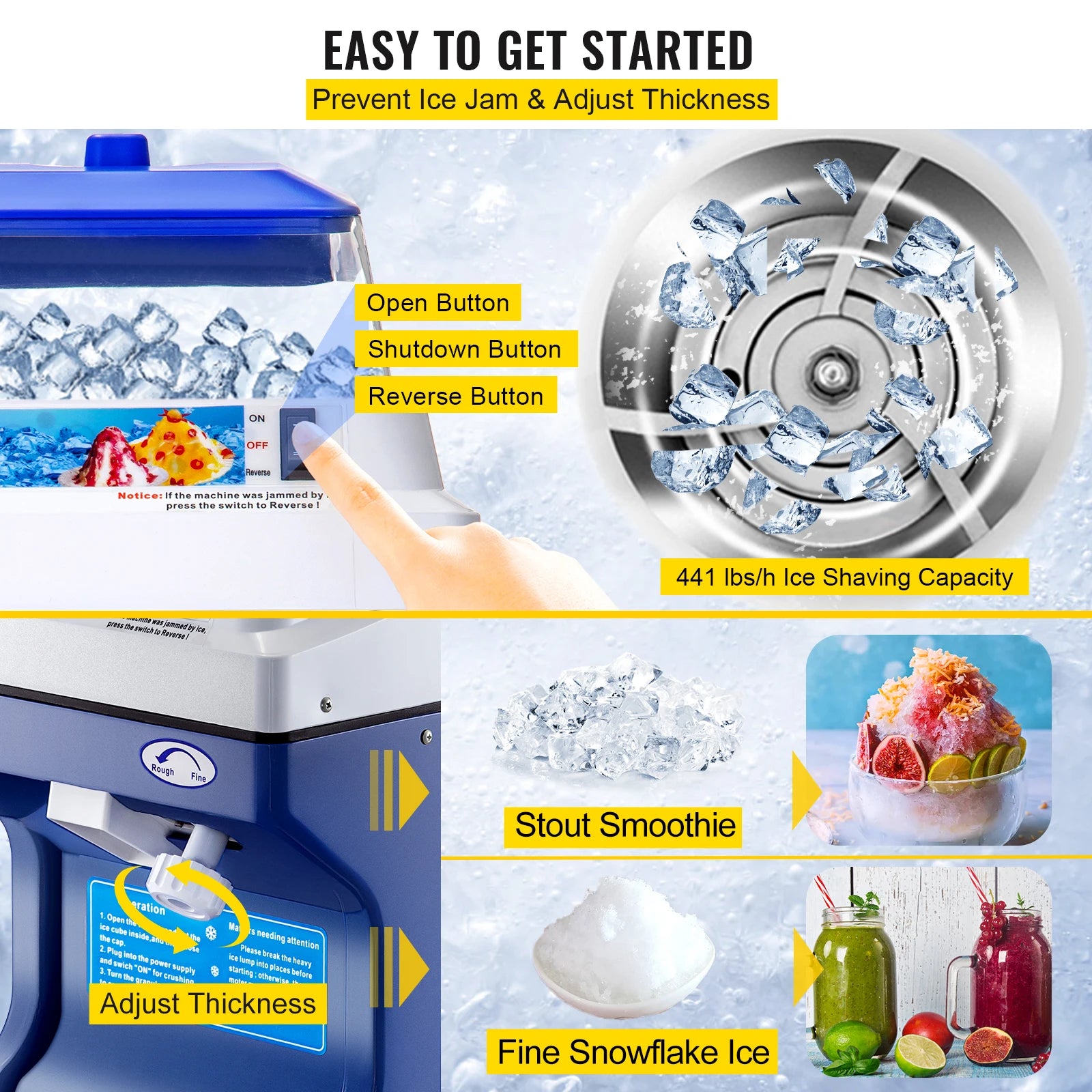 Commercial Ice Shaver 441 lbs/h Electric Snow Cone Machine 5L Hopper