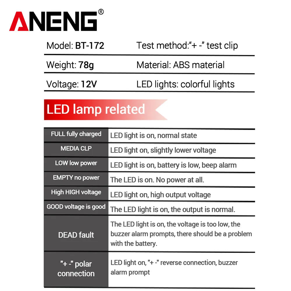 Tester de baterii auto ANENG, detector special pentru baterii de 12V, cu alertă sonoră, detectare a generatorului, BT-172, instrumente multifuncționale