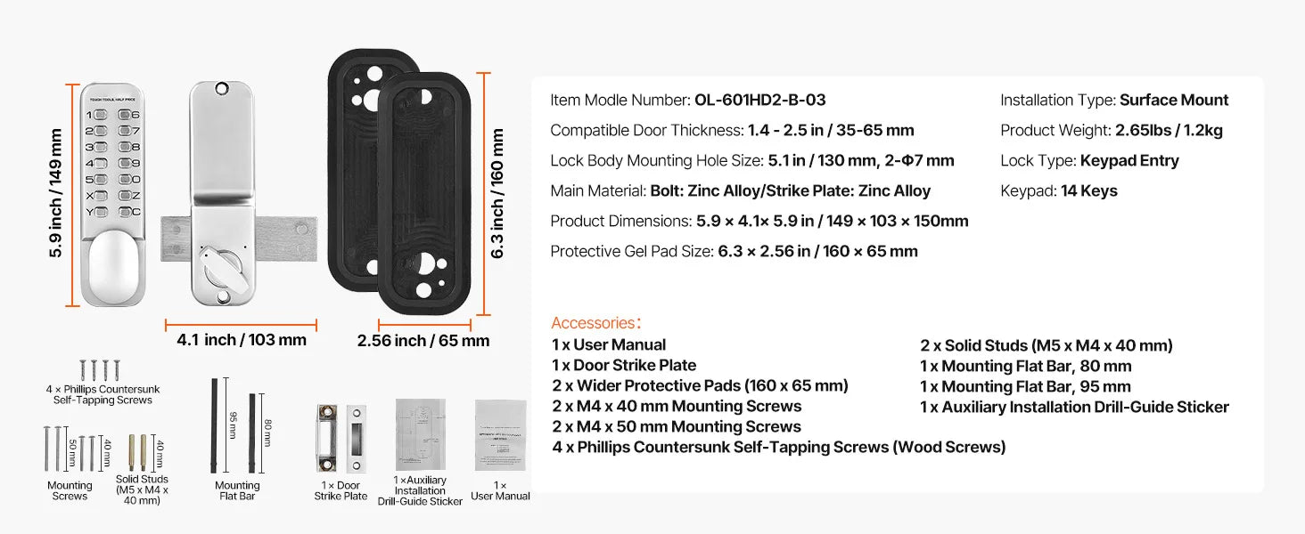 Mechanical Keyless Entry Door Lock with Auto Lock & Keypad