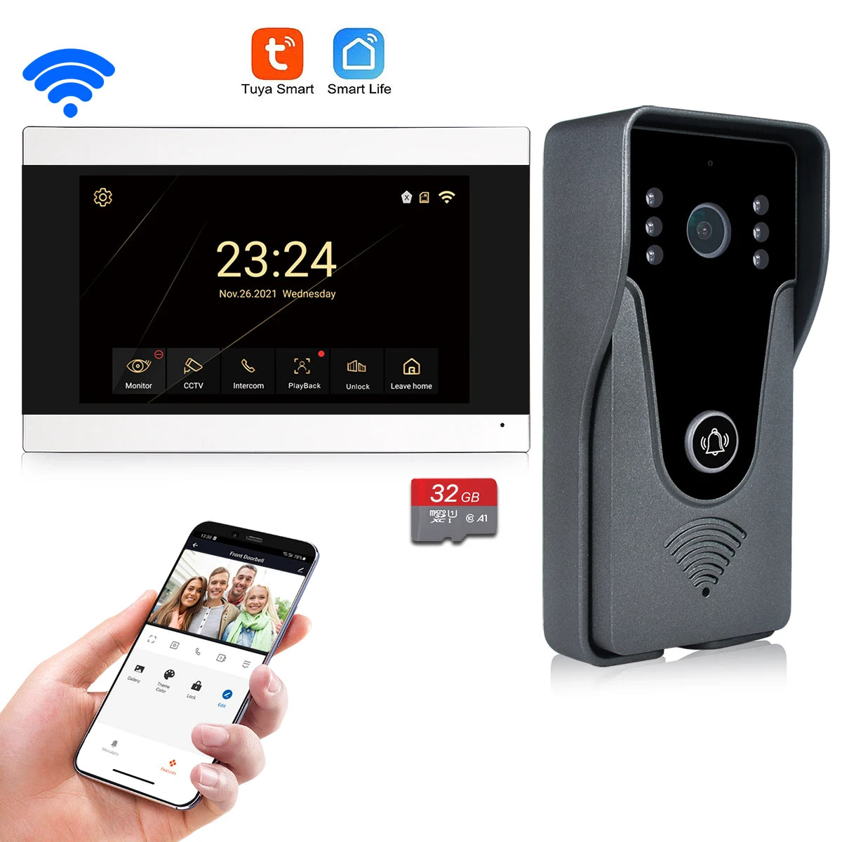 Wireless WiFi Video Intercom System 1080P Smart Video Doorbell for Home Touch Screen with 32G Card 2 Way Audio TUYA APP Unlock Spy-shop.com