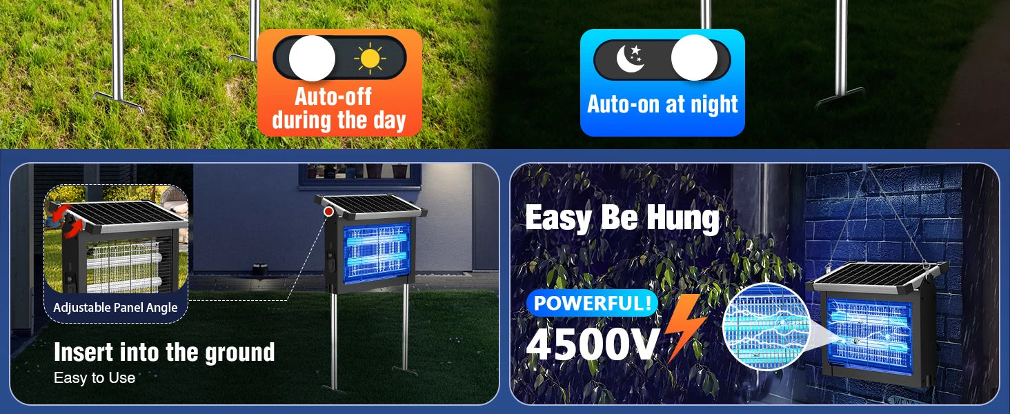 Solar Bug Zapper Outdoor 4500V Mosquito Killer with Auto Sensor