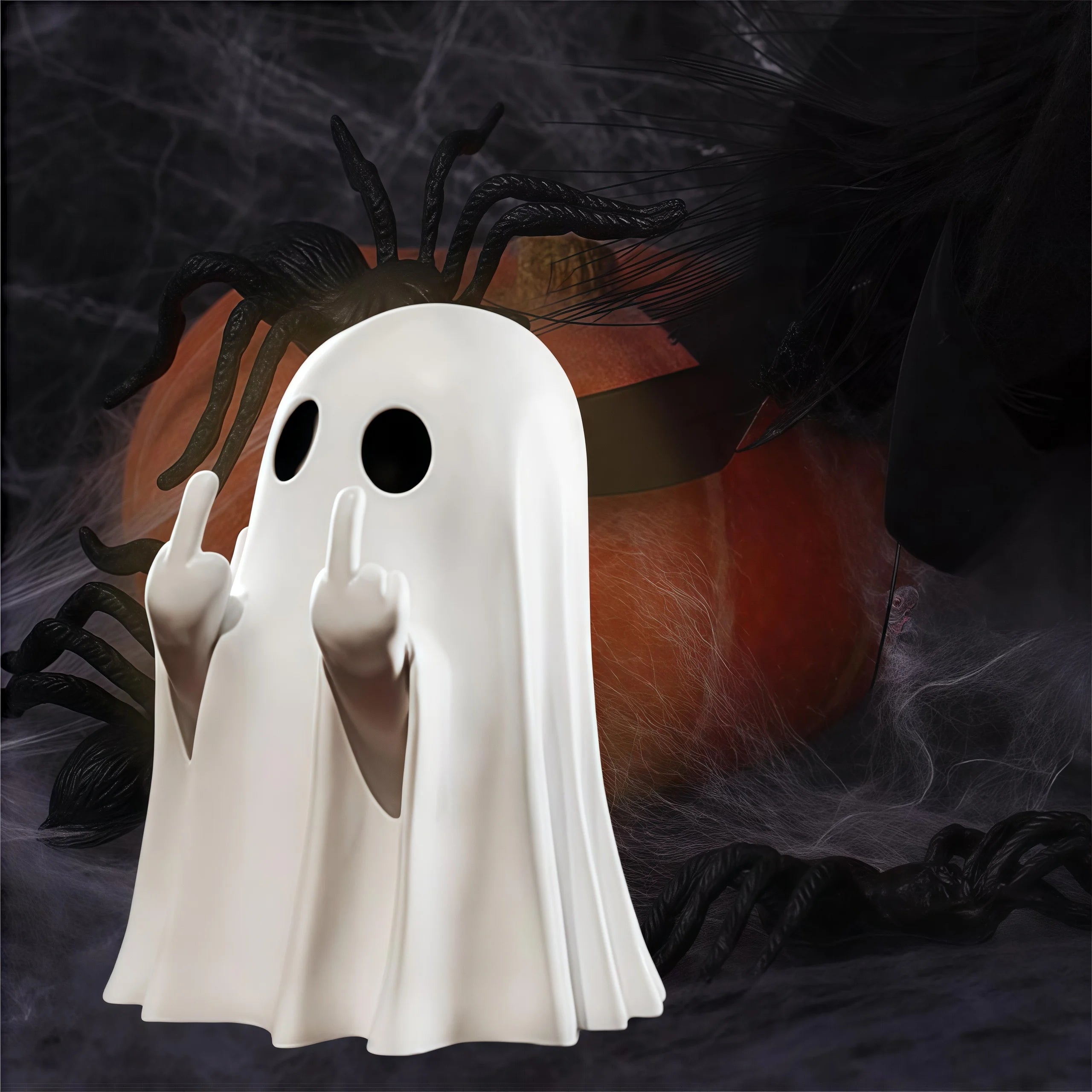 Cute Middle Finger Ghost Statue, Small Halloween Decor for Home, Centerpiece for Coffee Table, Adorable Horror Figure 