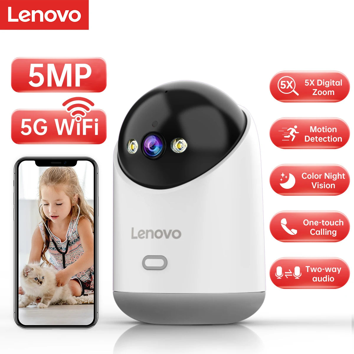 Lenovo 5MP WiFi Camera Smart Home Indoor IP Camera Full Color Night Auto Tracking Security CCTV Surveillance Baby Monitor 