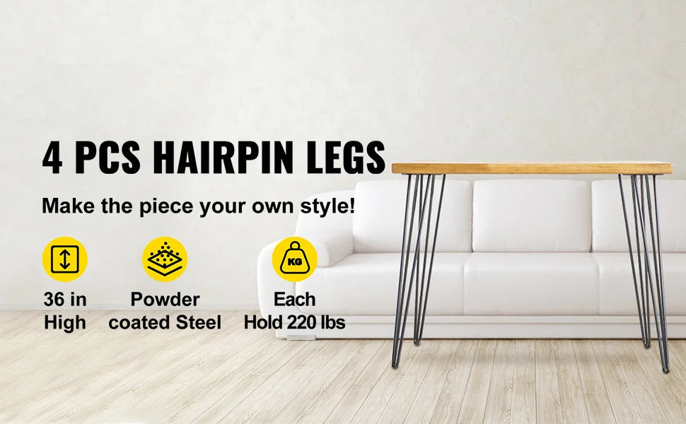 SucceBuy Hairpin Table Legs Black Set of 4 Desk Legs 3 Rods for Bench Desk Dining Chairs Carbon Steel DIY Heavy Duty Furniture