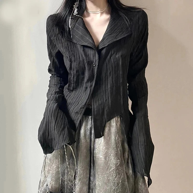 Women's Black Asymmetric Button-Front Blouse