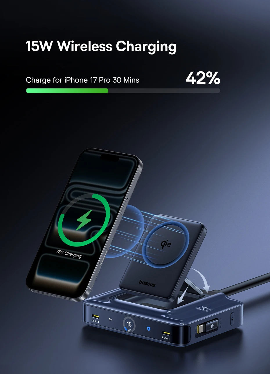 245W 6v1 stolná nabíjačka s Qi2 bezdrôtovým nabíjaním a 100W vysúvateľným USB-C