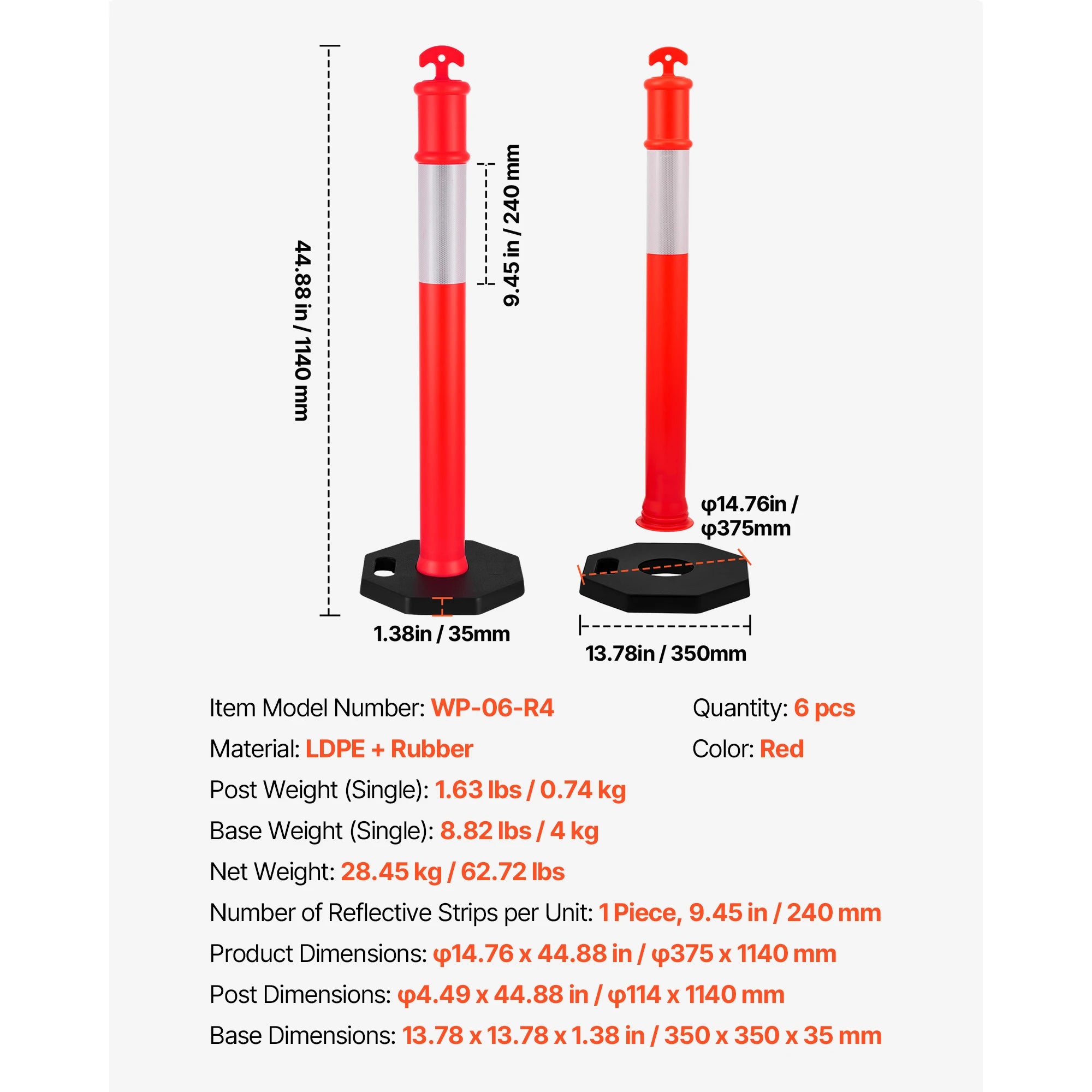 SucceBuy 2/3/4/6/12 Pack Traffic Delineator Posts 34/45 in with Weighted Base Reflective Strips for Construction Site Parking