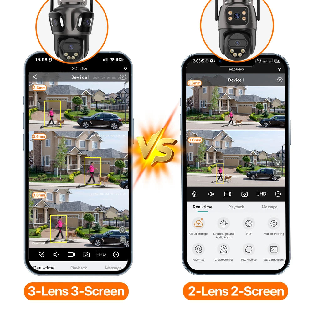 Three Screen WIFI IP Camera Outdoor 4K Dual Lens PTZ Camera Ai Human Detection IP66 Waterproof CCTV Video Security Camera iCsee 