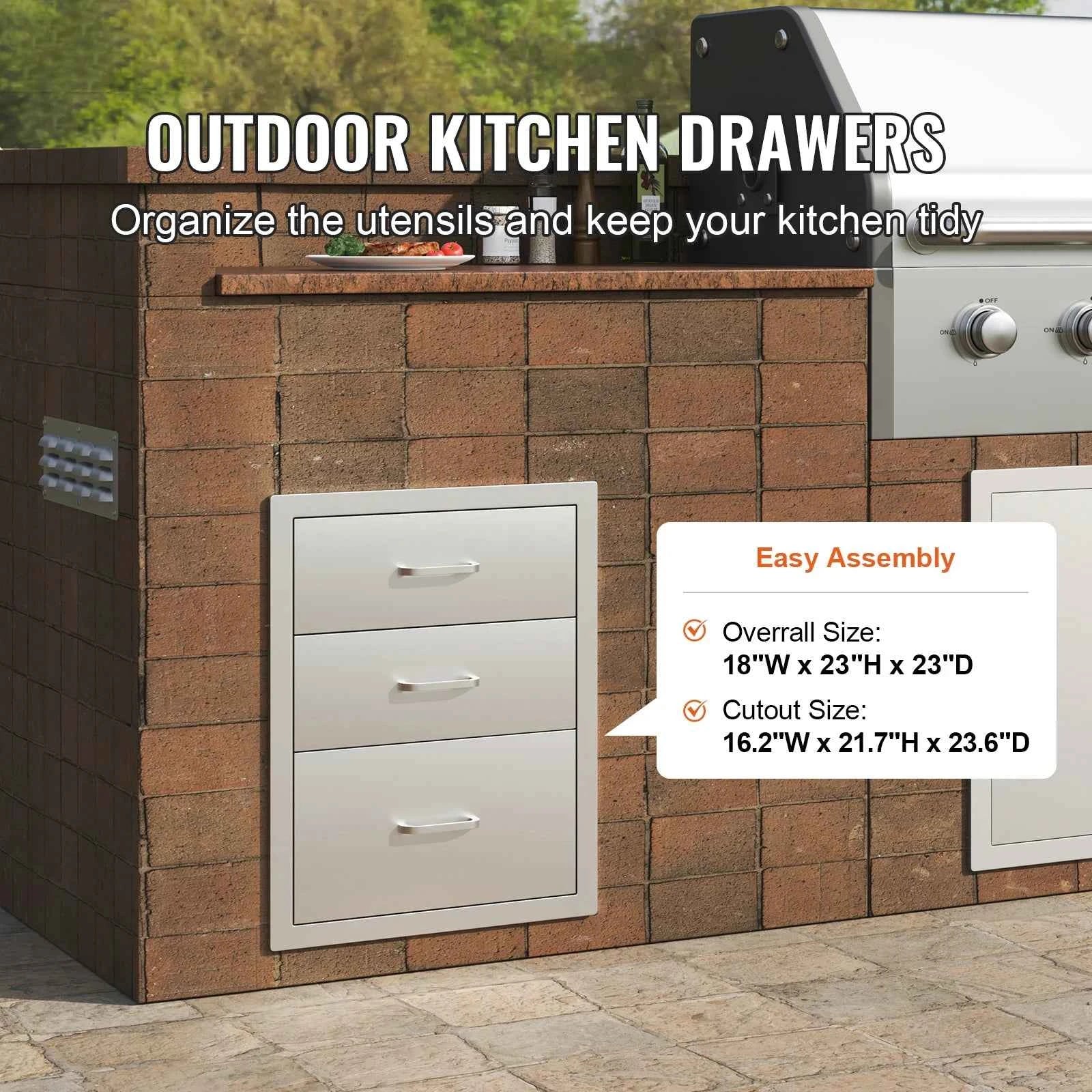 SucceBuy StainlessSteel Outdoor Kitchen Drawer With Handle Triple Layer forBBQIsland Grilling Cabinet Storing Cookware Tableware