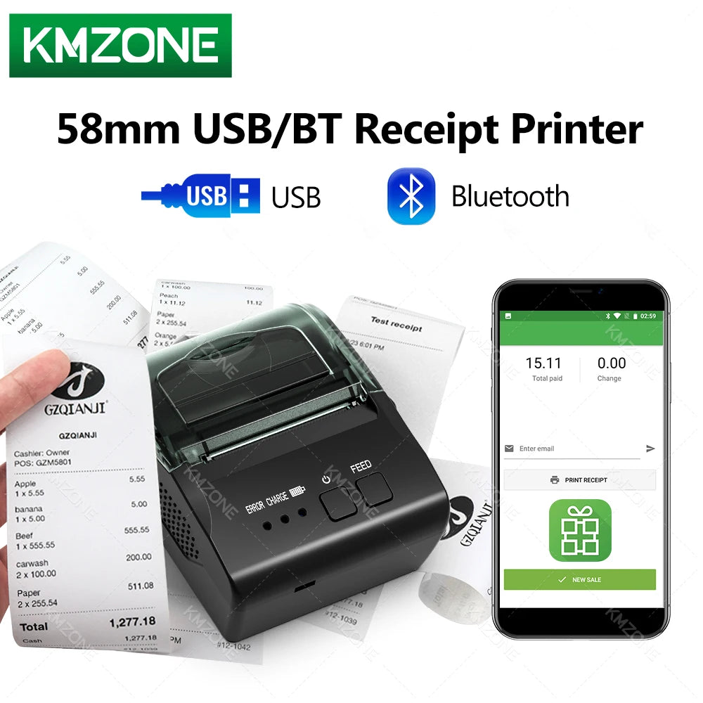 Stampante Termica Bluetooth e USB per Ricevute da 58 mm
