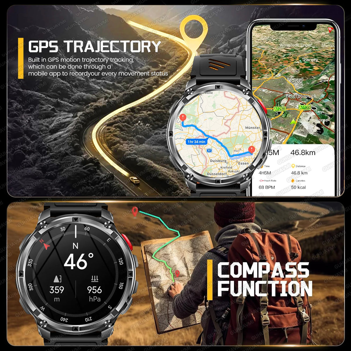 Outdoor Bluetooth Anruf-Smartwatch mit Kompass & Taschenlampenfunktion