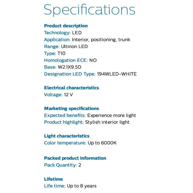 Philips Ultinon LED T10 W5W 194 6000K Hell Weiß Auto-LED Signale Leseschilder Lampen Innenraum Armaturenbrett Bulbs 12961ULWX2