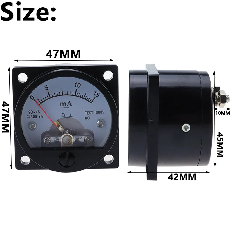 1 pieza, amperímetro DC de 0-100mA con precisión de 2.5, medidor analógico redondo de panel SO-45 de clase, negro; 1 pieza, amperímetro DC0-10mA 0-100mA con precisión de 2.5