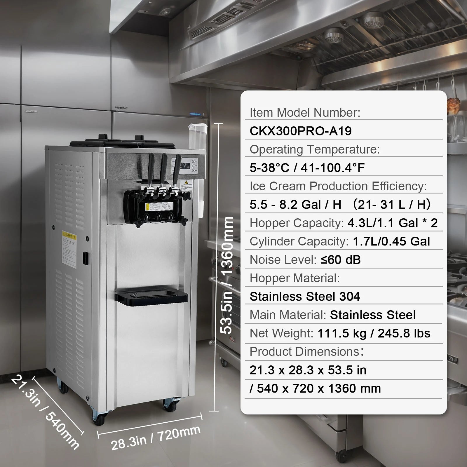 Commercial Soft Ice Cream Machine 3 Flavors Pre-Cooling LED Panel Single Cylinder Overnight Refrigeration