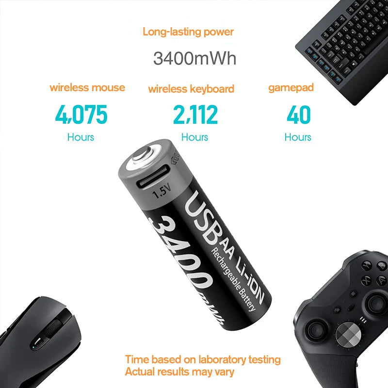 Kuugro USB AA 1.5V 3400mWh Type-C Rechargeable Lithium Battery for Hunting Camera Remote Control Mouse Smart Door Lock Toys