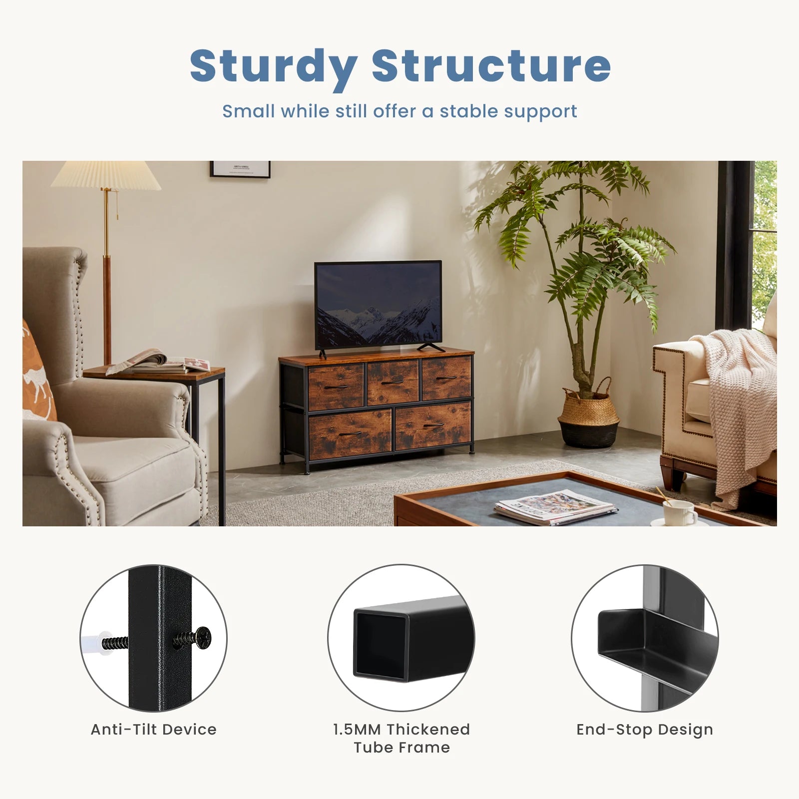 5-Drawer Fabric Dresser with Metal Frame Storage Cabinet