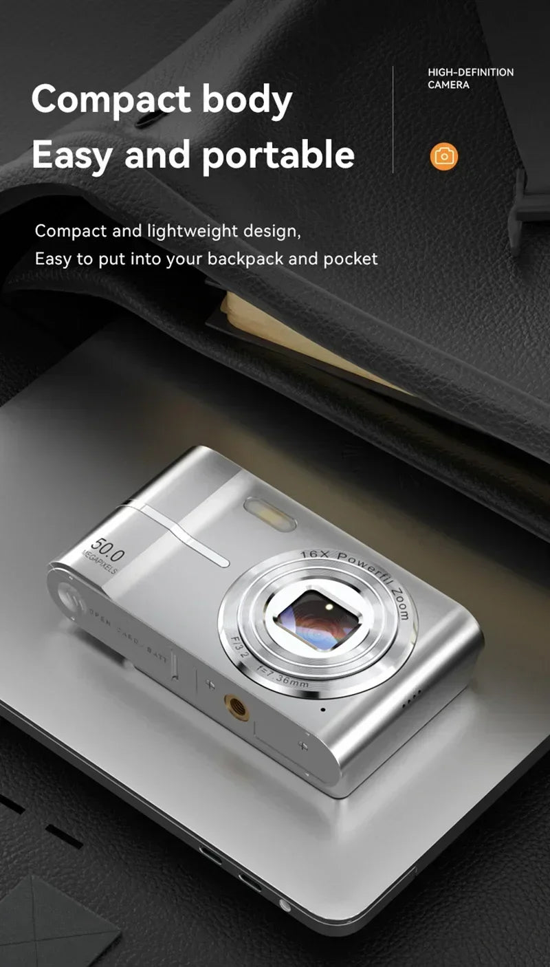 5K 50MP Mini Digital Camera with 16X Zoom, 2.4 Inch IPS Display & Flash