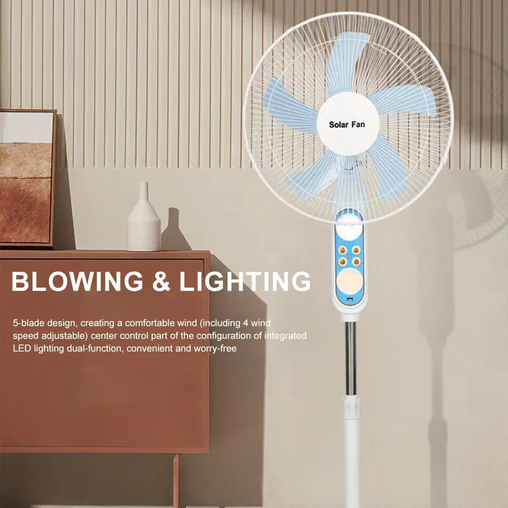 Solární podlahový ventilátor s dálkovým ovládáním, 12hodinovým provozem a LED světlem
