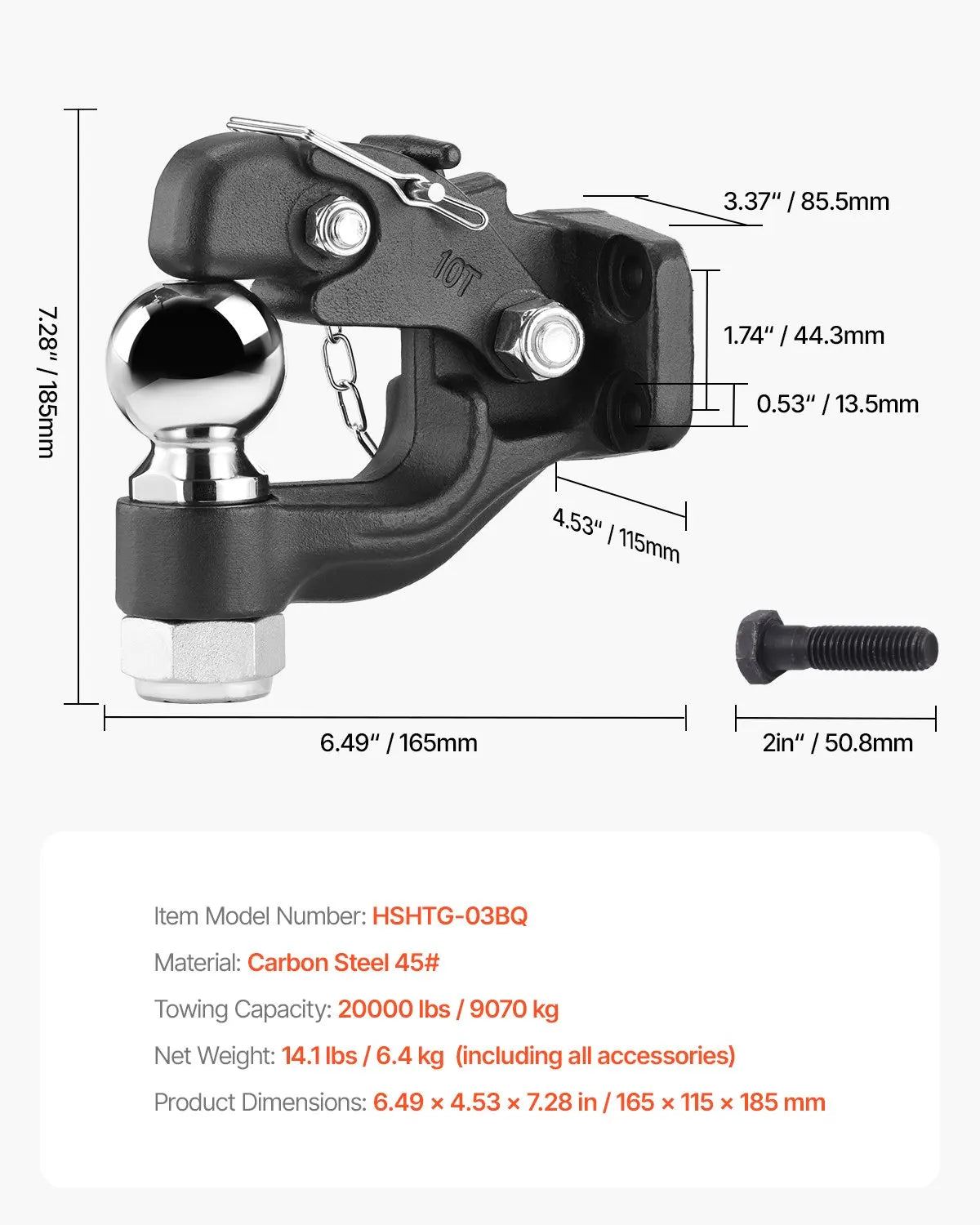 9070KG Heavy Duty Trailer Hitch Assembly with 2-5/16 Inch Trailer Ball, Fits 6.35-7.62cm Lunette Ring, Black Powder Coated Trailer Coupler Hitch with Complete Mounting Hardware