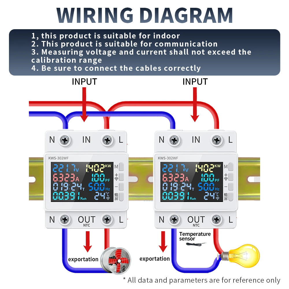 Tuya WiFi 8in1 Power Meter 2P AC Energy Meter APP Control 170-270V/63A Voltage and Current Meter Electricity Meter Smart Life 