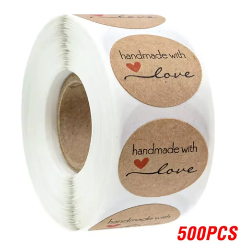 500pcs Handmade with Love Stickers Vintage Kraft Paper Stickers Stationery Label Baking Kraft Paper Stickers Scrapbook Gift