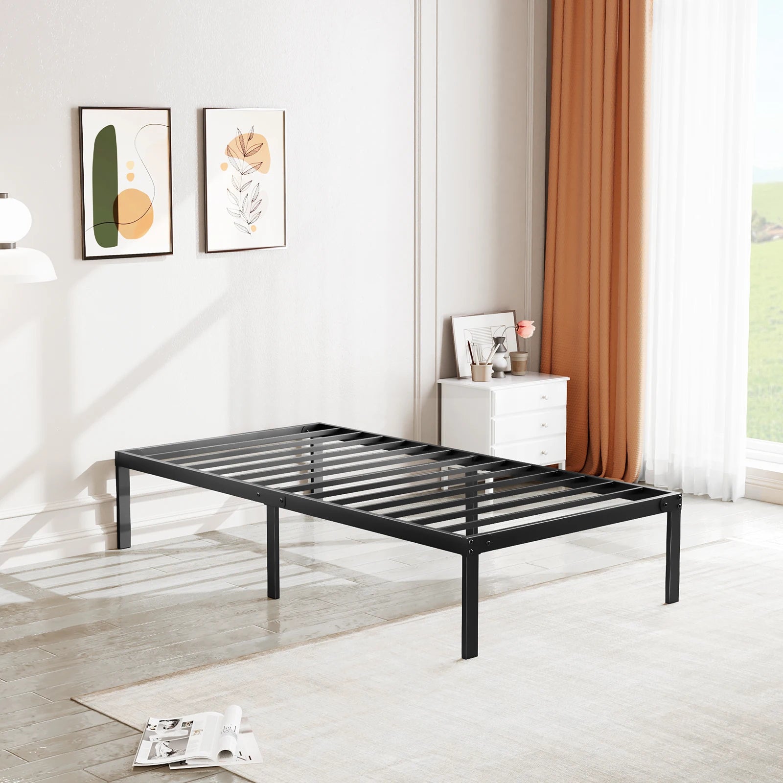 Metal Platform Bed Frame with Steel Slats and 14" Underbed Clearance