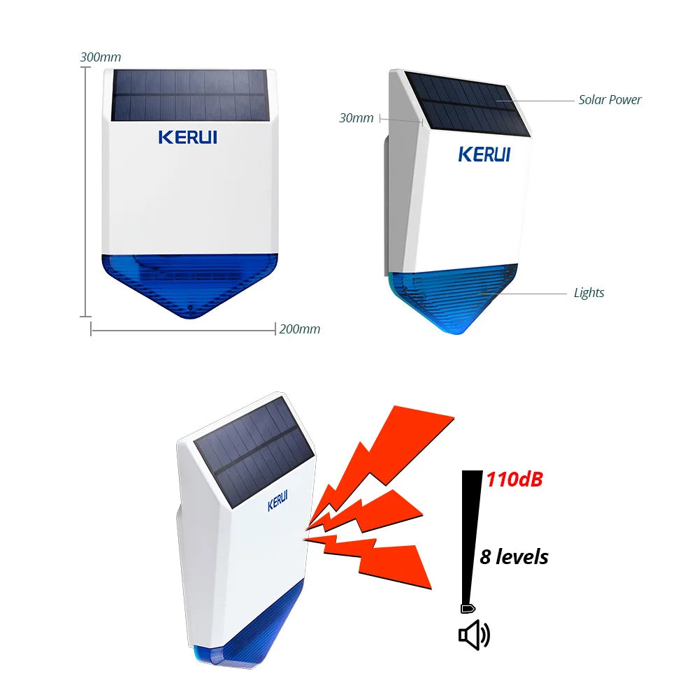 KERUI Sonor solar panou pentru alarmă exterioră Sirenă cu sursă de alimentare pentru sistem de securitate cu răspuns sonor flash 110DB