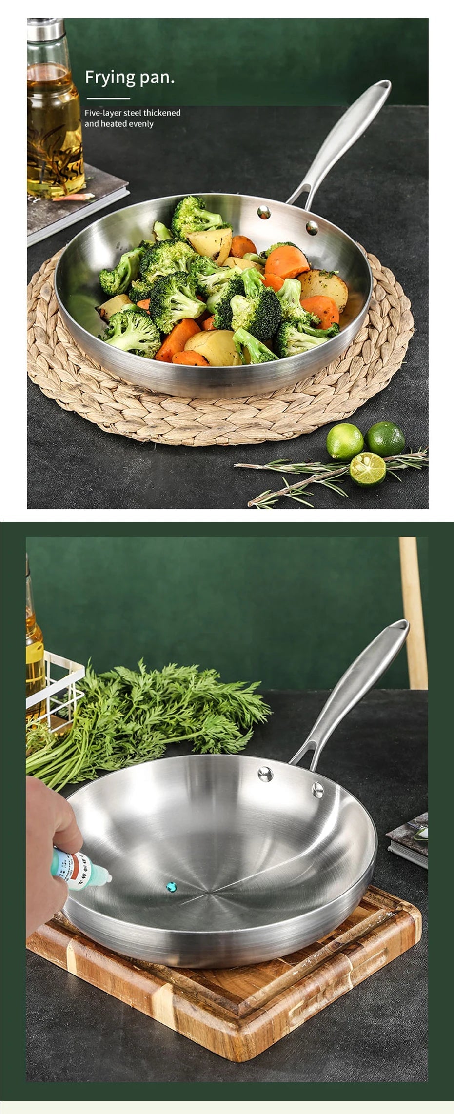 304 Stainless Steel Frying Pan, NonStick Pan Fried Steak Pot  Uncoated Kitchen Cookware For Gas Stove and Induction Cooker 