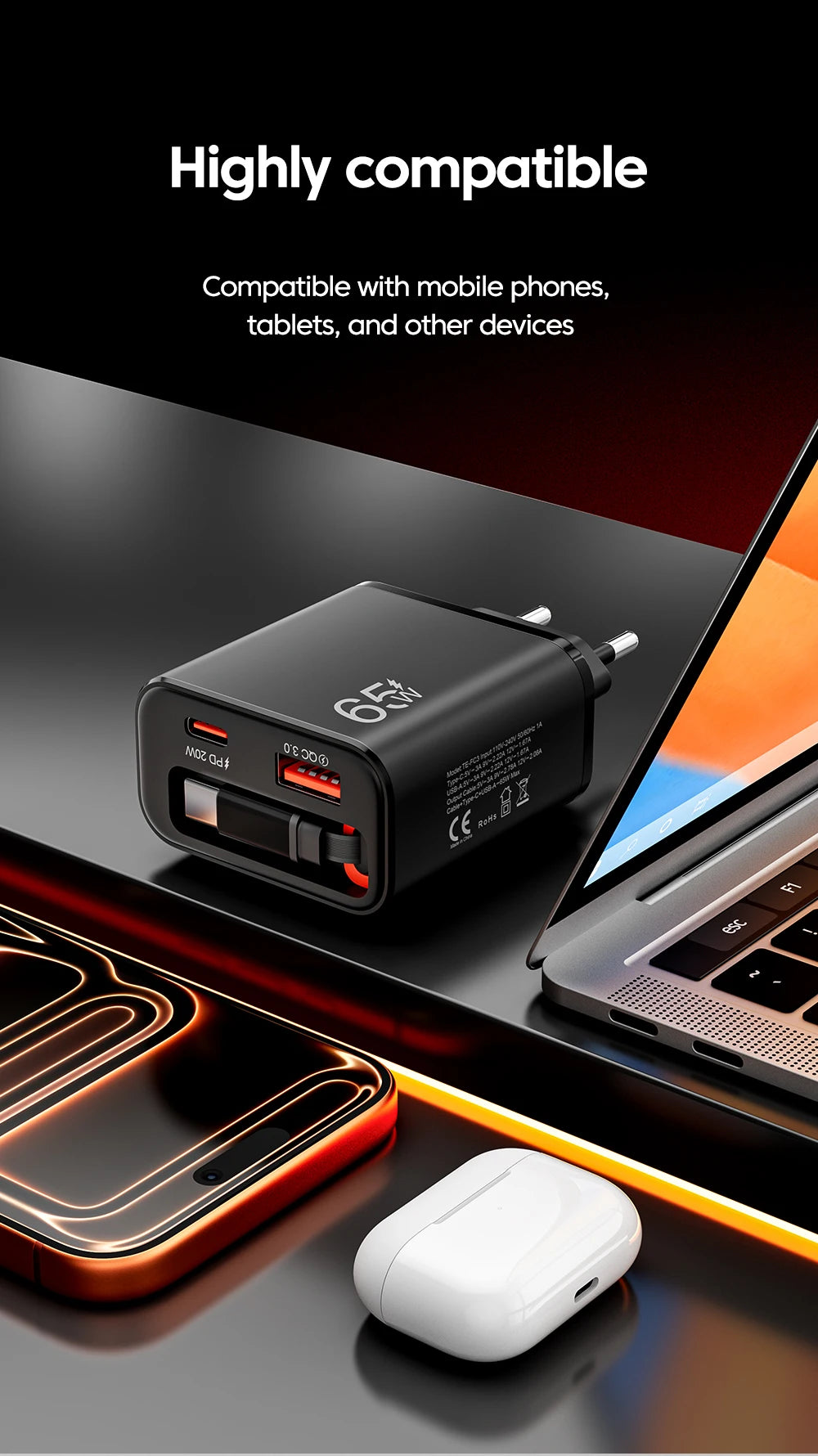 Wandladegerät mit ausziehbarem USB-C-Kabel