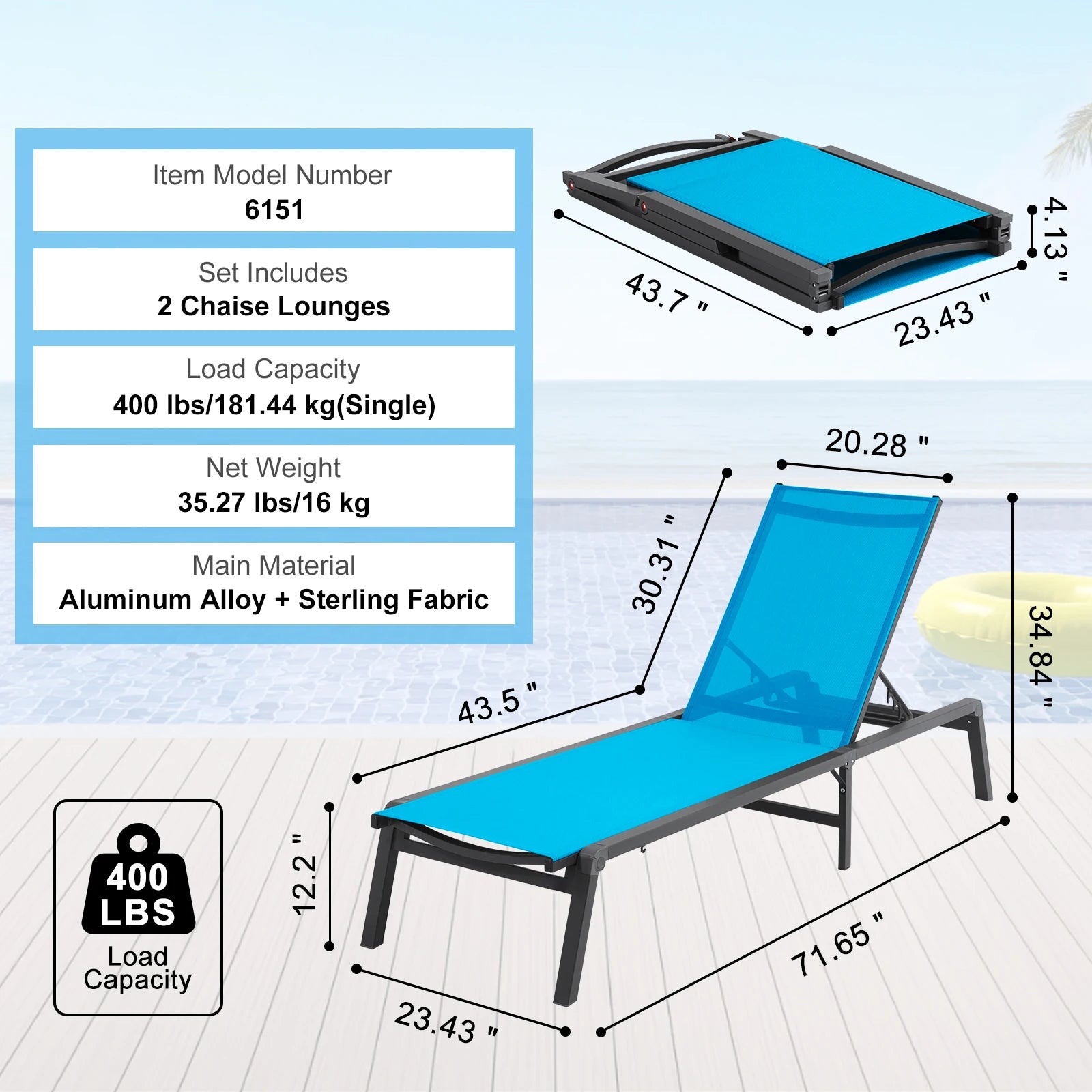 SucceBuy Chaise Lounge Chair Outdoor Aluminum Patio LoungeFolding Pool Lounge Recliner Full Flat for Patio Beach Pool Dark Grey
