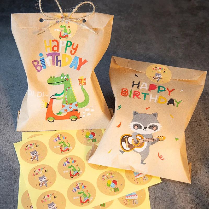 24Sets Thank You Kraft Paper Bags Cute Rainbow Dino Happy Birthday Gift Pouch Retro Flower Party Favor Bag Candy Cookie Supplies