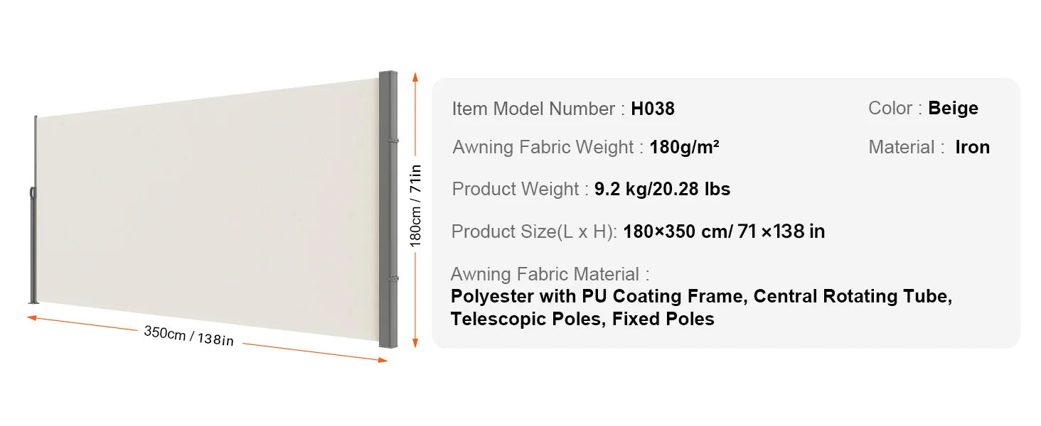 Retractable Side Awning Privacy Screen UV30+ Waterproof Patio Divider