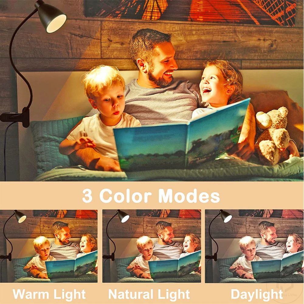 Clamp Desk Lamp, Clip on Reading Light, 3000K-6500K Adjustable Color Temperature Eye-Caring for Home Office Bedside Reading