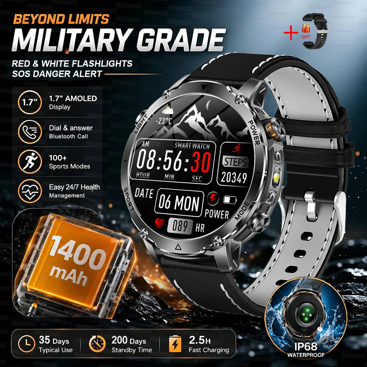 Outdoor Bluetooth Anruf-Smartwatch mit LED-Taschenlampe